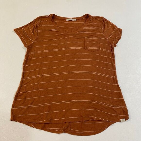 prAna Rust Striped V-Neck Pocket Tee Size XL Casual Sustainable - Picture 1 of 9